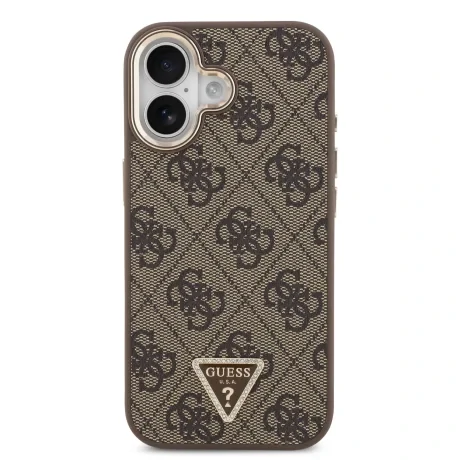 Husa spate Guess din piele PU 4G cu logo triunghiular și ramă aurie MagSafe pentru iPhone 17, maro
