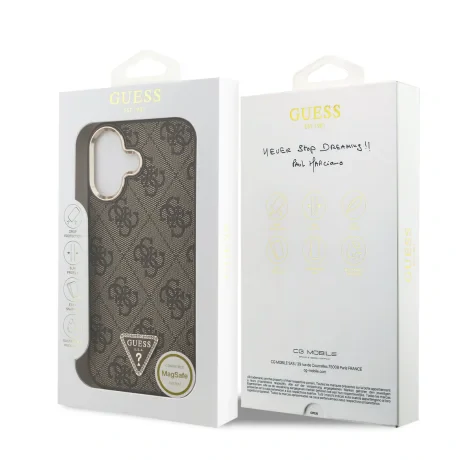 Husa spate Guess din piele PU 4G cu logo triunghiular și ramă aurie MagSafe pentru iPhone 17, maro