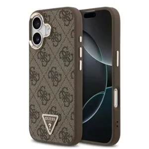 Husa spate Guess din piele PU 4G cu logo triunghiular și ramă aurie MagSafe pentru iPhone 17, maro