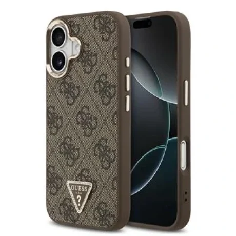 Husa spate Guess din piele PU 4G cu logo triunghiular și ramă aurie MagSafe pentru iPhone 17, maro
