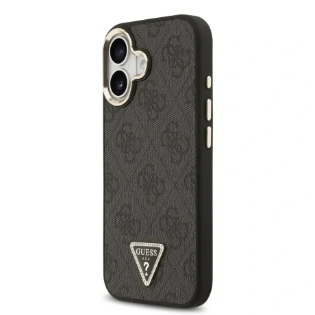 Husa spate Guess din piele PU 4G cu logo triunghiular și ramă aurie MagSafe pentru iPhone 17, neagră