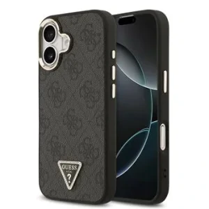 Husa spate Guess din piele PU 4G cu logo triunghiular și ramă aurie MagSafe pentru iPhone 17, neagră