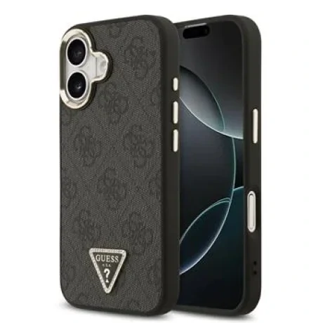 Husa spate Guess din piele PU 4G cu logo triunghiular și ramă aurie MagSafe pentru iPhone 17, neagră