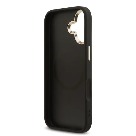 Husa spate Guess din piele PU 4G cu logo triunghiular și ramă aurie MagSafe pentru iPhone 17, neagră