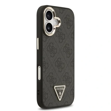 Husa spate Guess din piele PU 4G cu logo triunghiular și ramă aurie MagSafe pentru iPhone 17, neagră