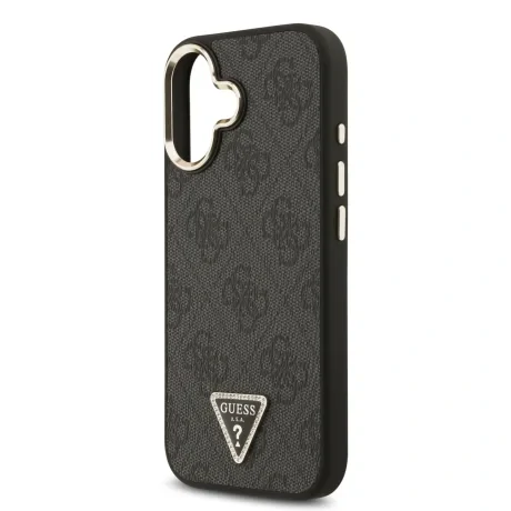 Husa spate Guess din piele PU 4G cu logo triunghiular și ramă aurie MagSafe pentru iPhone 17, neagră