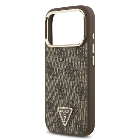 Husă spate Guess din piele PU 4G cu logo triunghiular și ramă aurie MagSafe pentru iPhone 17 Pro, maro