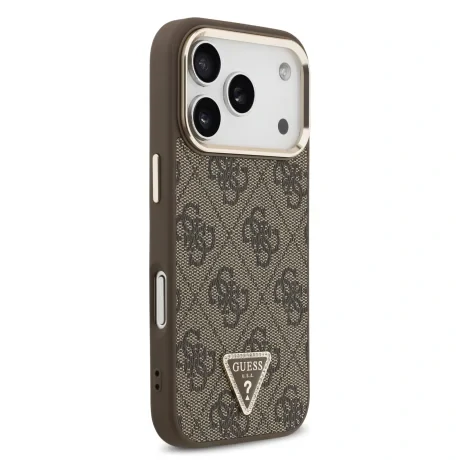 Husă spate Guess din piele PU 4G cu logo triunghiular și ramă aurie MagSafe pentru iPhone 17 Pro, maro
