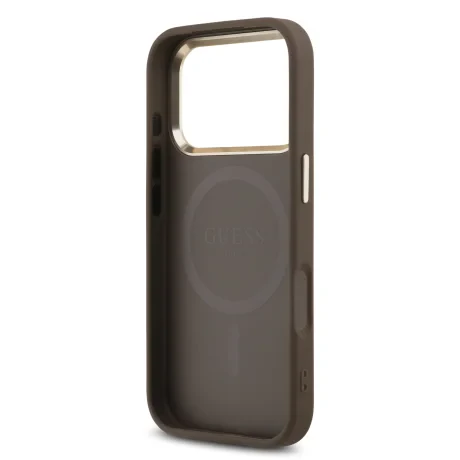 Husă spate Guess din piele PU 4G cu logo triunghiular și ramă aurie MagSafe pentru iPhone 17 Pro, maro