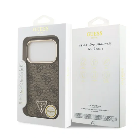 Husă spate Guess din piele PU 4G cu logo triunghiular și ramă aurie MagSafe pentru iPhone 17 Pro, maro