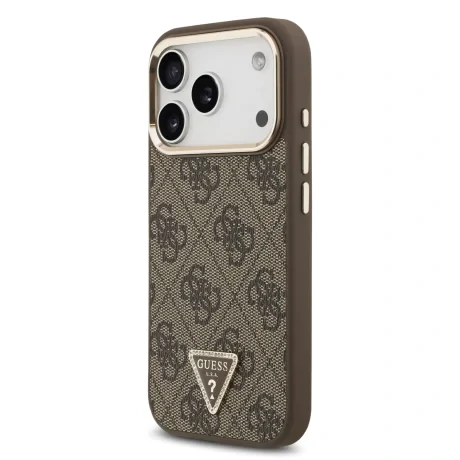 Husă spate Guess din piele PU 4G cu logo triunghiular și ramă aurie MagSafe pentru iPhone 17 Pro, maro