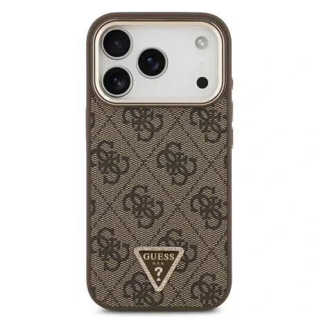 Husă spate Guess din piele PU 4G cu logo triunghiular și ramă aurie MagSafe pentru iPhone 17 Pro, maro