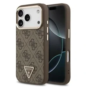 Husă spate Guess din piele PU 4G cu logo triunghiular și ramă aurie MagSafe pentru iPhone 17 Pro, maro