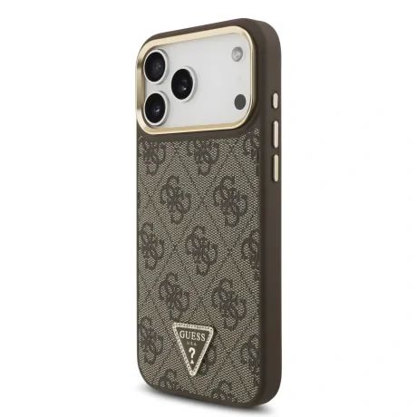 Husă spate Guess din piele PU 4G cu logo triunghiular și ramă aurie MagSafe pentru iPhone 17 Pro Max, maro
