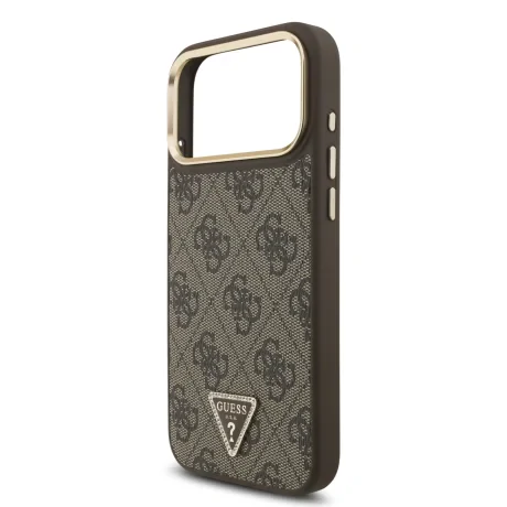 Husă spate Guess din piele PU 4G cu logo triunghiular și ramă aurie MagSafe pentru iPhone 17 Pro Max, maro