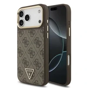 Husă spate Guess din piele PU 4G cu logo triunghiular și ramă aurie MagSafe pentru iPhone 17 Pro Max, maro