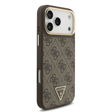 Husă spate Guess din piele PU 4G cu logo triunghiular și ramă aurie MagSafe pentru iPhone 17 Pro Max, maro