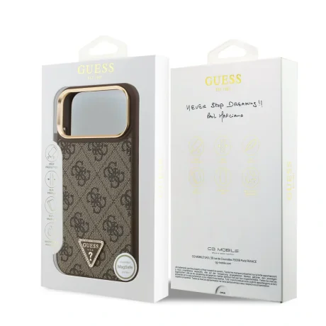 Husă spate Guess din piele PU 4G cu logo triunghiular și ramă aurie MagSafe pentru iPhone 17 Pro Max, maro