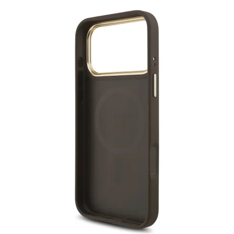 Husă spate Guess din piele PU 4G cu logo triunghiular și ramă aurie MagSafe pentru iPhone 17 Pro Max, maro