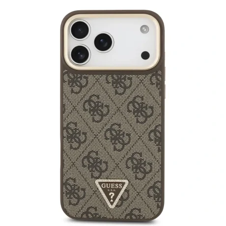 Husă spate Guess din piele PU 4G cu logo triunghiular și ramă aurie MagSafe pentru iPhone 17 Pro Max, maro