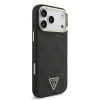 Husă spate Guess din piele PU 4G cu logo triunghiular și ramă aurie MagSafe pentru iPhone 17 Pro Max, neagră