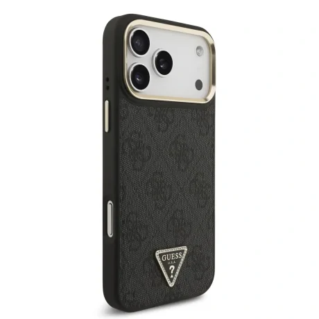 Husă spate Guess din piele PU 4G cu logo triunghiular și ramă aurie MagSafe pentru iPhone 17 Pro Max, neagră
