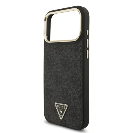 Husă spate Guess din piele PU 4G cu logo triunghiular și ramă aurie MagSafe pentru iPhone 17 Pro Max, neagră