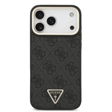 Husă spate Guess din piele PU 4G cu logo triunghiular și ramă aurie MagSafe pentru iPhone 17 Pro Max, neagră