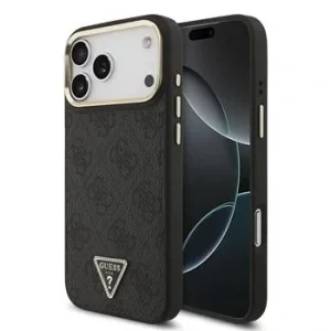Husă spate Guess din piele PU 4G cu logo triunghiular și ramă aurie MagSafe pentru iPhone 17 Pro Max, neagră