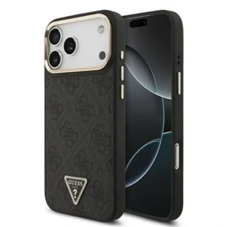 Husă spate Guess din piele PU 4G cu logo triunghiular și ramă aurie MagSafe pentru iPhone 17 Pro Max, neagră