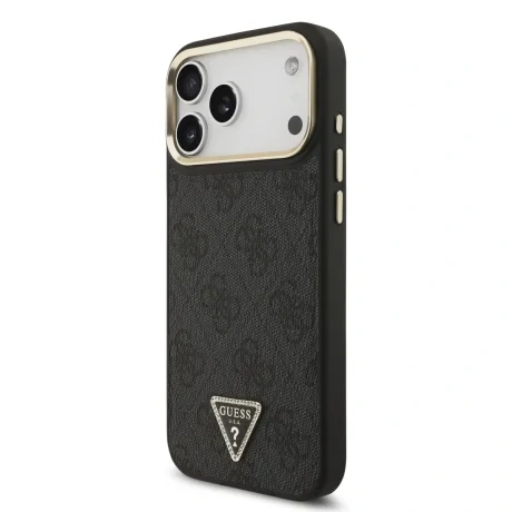 Husă spate Guess din piele PU 4G cu logo triunghiular și ramă aurie MagSafe pentru iPhone 17 Pro Max, neagră
