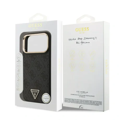 Husă spate Guess din piele PU 4G cu logo triunghiular și ramă aurie MagSafe pentru iPhone 17 Pro Max, neagră