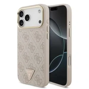Husă spate Guess din piele PU 4G cu logo triunghiular și ramă aurie MagSafe pentru iPhone 17 Pro Max, roz