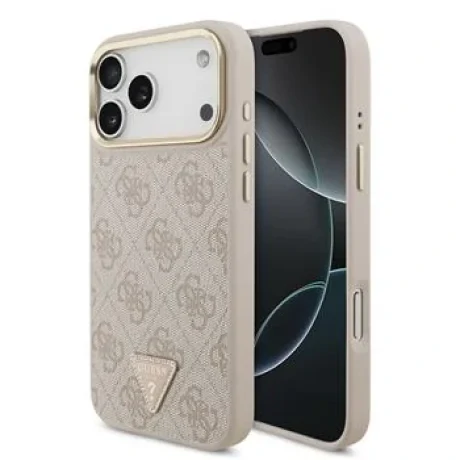Husă spate Guess din piele PU 4G cu logo triunghiular și ramă aurie MagSafe pentru iPhone 17 Pro Max, roz