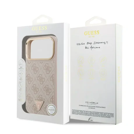 Husă spate Guess din piele PU 4G cu logo triunghiular și ramă aurie MagSafe pentru iPhone 17 Pro Max, roz