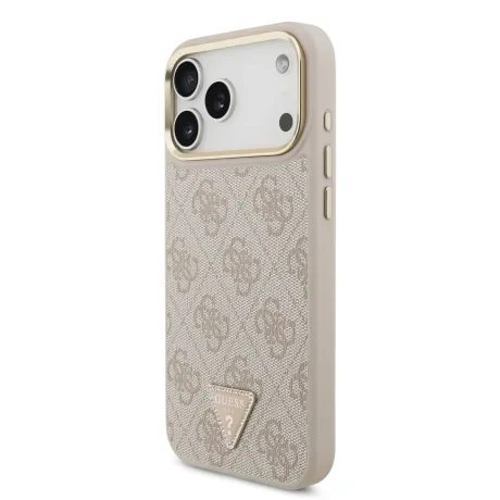 Husă spate Guess din piele PU 4G cu logo triunghiular și ramă aurie MagSafe pentru iPhone 17 Pro Max, roz