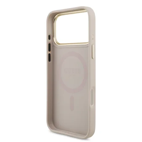 Husă spate Guess din piele PU 4G cu logo triunghiular și ramă aurie MagSafe pentru iPhone 17 Pro Max, roz