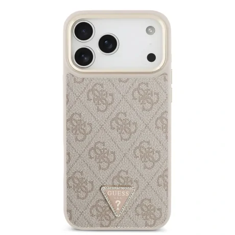 Husă spate Guess din piele PU 4G cu logo triunghiular și ramă aurie MagSafe pentru iPhone 17 Pro Max, roz