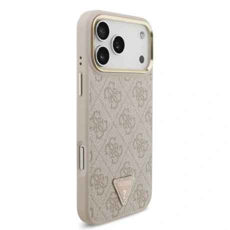 Husă spate Guess din piele PU 4G cu logo triunghiular și ramă aurie MagSafe pentru iPhone 17 Pro Max, roz