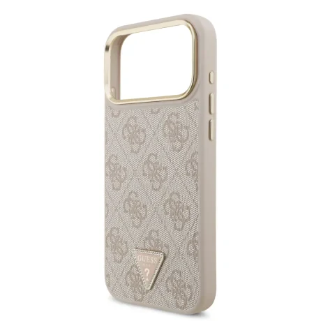 Husă spate Guess din piele PU 4G cu logo triunghiular și ramă aurie MagSafe pentru iPhone 17 Pro Max, roz