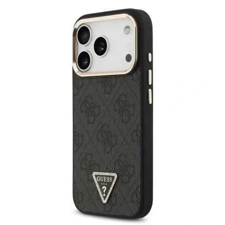 Husa spate Guess din piele PU 4G cu logo triunghiular și ramă aurie MagSafe pentru iPhone 17 Pro, neagră