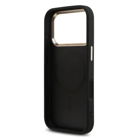 Husa spate Guess din piele PU 4G cu logo triunghiular și ramă aurie MagSafe pentru iPhone 17 Pro, neagră