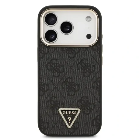 Husa spate Guess din piele PU 4G cu logo triunghiular și ramă aurie MagSafe pentru iPhone 17 Pro, neagră