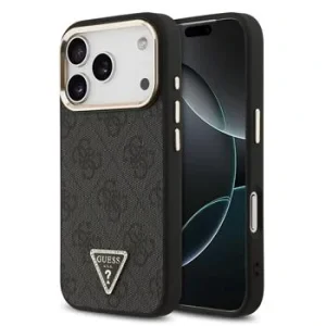 Husa spate Guess din piele PU 4G cu logo triunghiular și ramă aurie MagSafe pentru iPhone 17 Pro, neagră