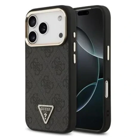 Husa spate Guess din piele PU 4G cu logo triunghiular și ramă aurie MagSafe pentru iPhone 17 Pro, neagră