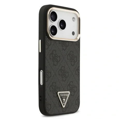 Husa spate Guess din piele PU 4G cu logo triunghiular și ramă aurie MagSafe pentru iPhone 17 Pro, neagră