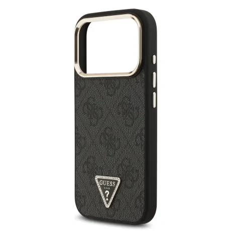Husa spate Guess din piele PU 4G cu logo triunghiular și ramă aurie MagSafe pentru iPhone 17 Pro, neagră