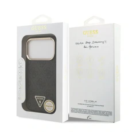Husa spate Guess din piele PU 4G cu logo triunghiular și ramă aurie MagSafe pentru iPhone 17 Pro, neagră