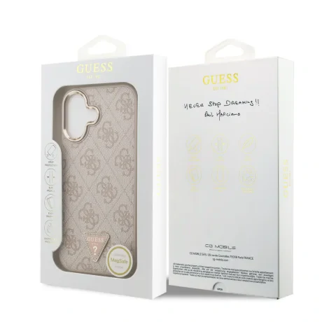 Husă spate Guess din piele PU 4G cu logo triunghiular și ramă aurie MagSafe pentru iPhone 17, roz
