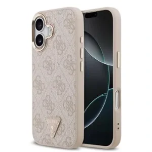 Husă spate Guess din piele PU 4G cu logo triunghiular și ramă aurie MagSafe pentru iPhone 17, roz
